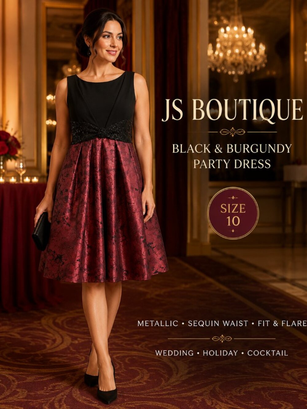 JS Boutique Dress Size 10 Black & Burgundy Metallic Fit & Flare Party